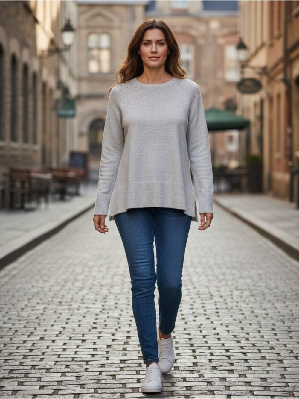 Apt. 9 Womens Medium Cream Gray Embellished Knit Sweater Ribbed Cuffs Hemline